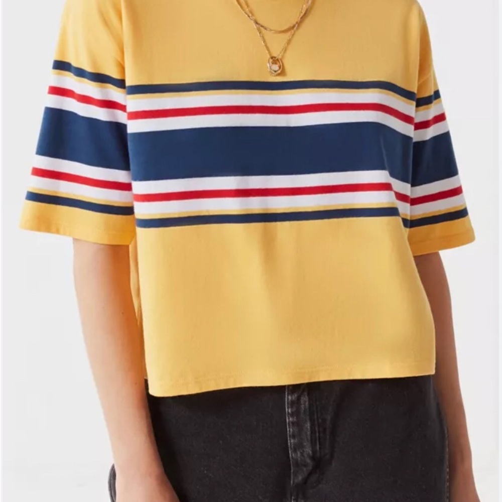 Cooperative Yellow Cropped Tee with Navy & Red Stripes Size S